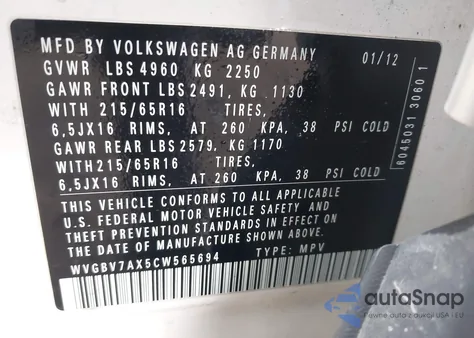 2012 Volkswagen Tiguan S из США, поврежденный, VIN WVGBV7AX5CW565694